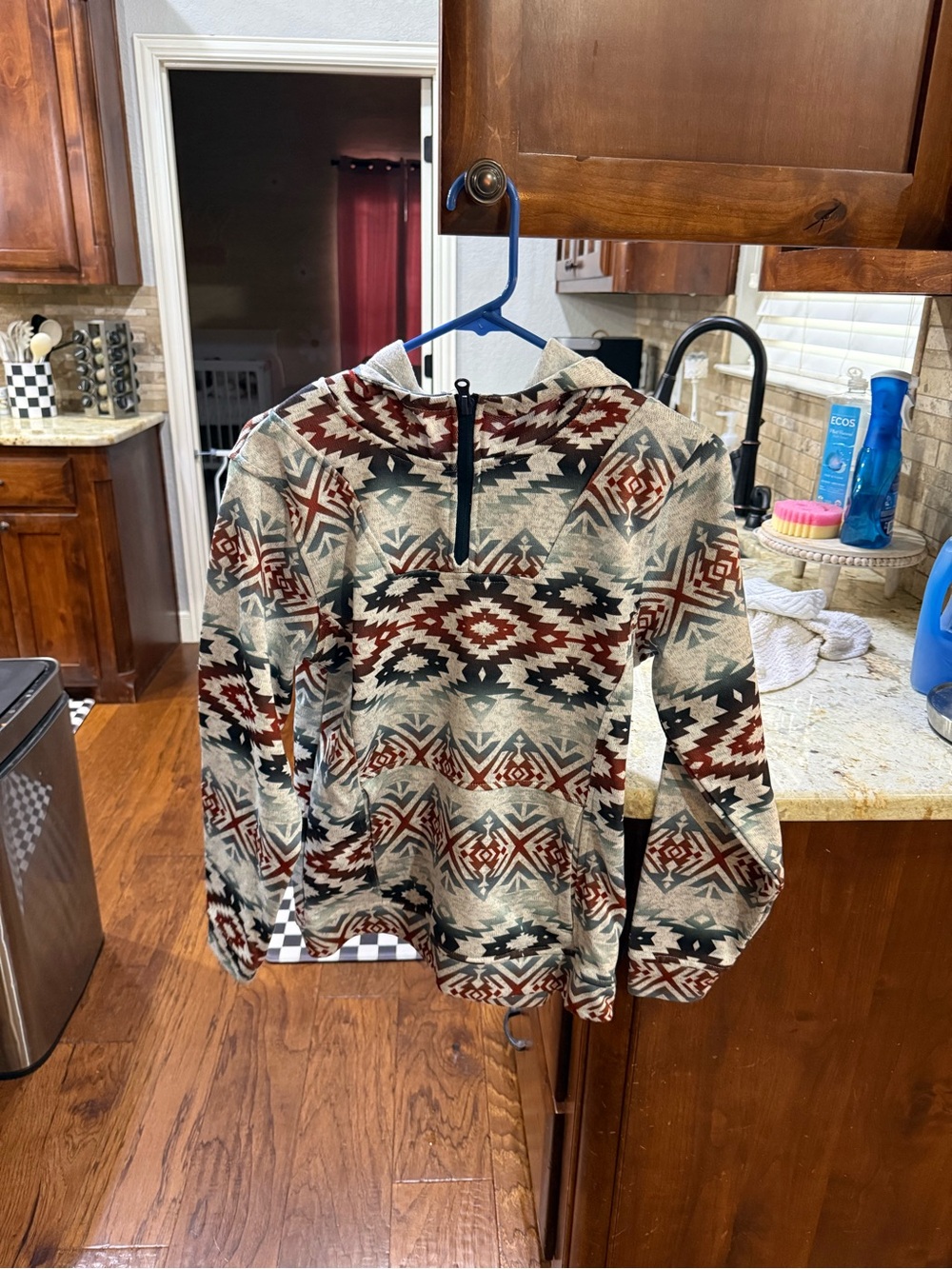 Kids Aztec Pattern Pullover Hoodie - Cream & Burgundy